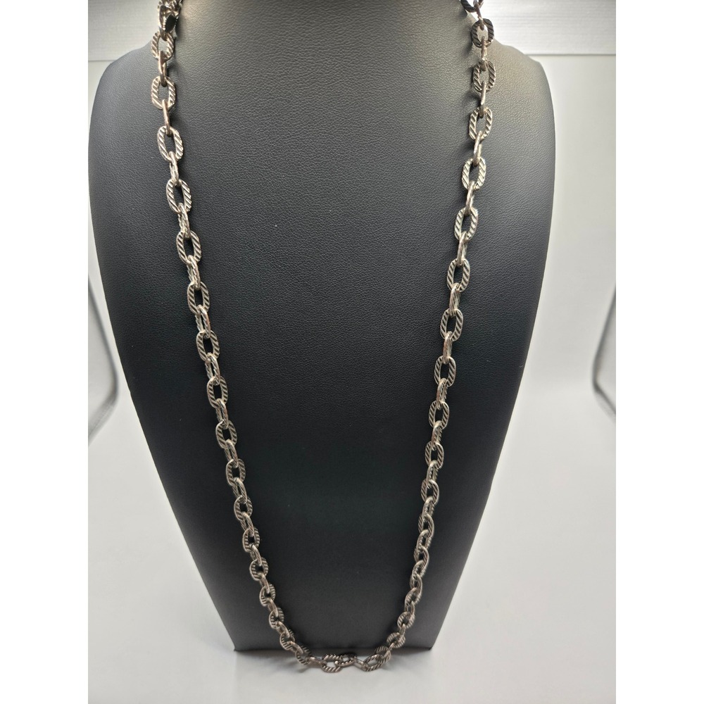 VCLM Silver Tone Textured Oval Link Chain Necklace Adjustable 28 Inch